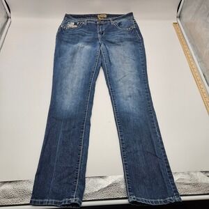 Earl Jean Womens 10 Blue Denim Bootcut Embellished Fleur De Lis Bling Jeans